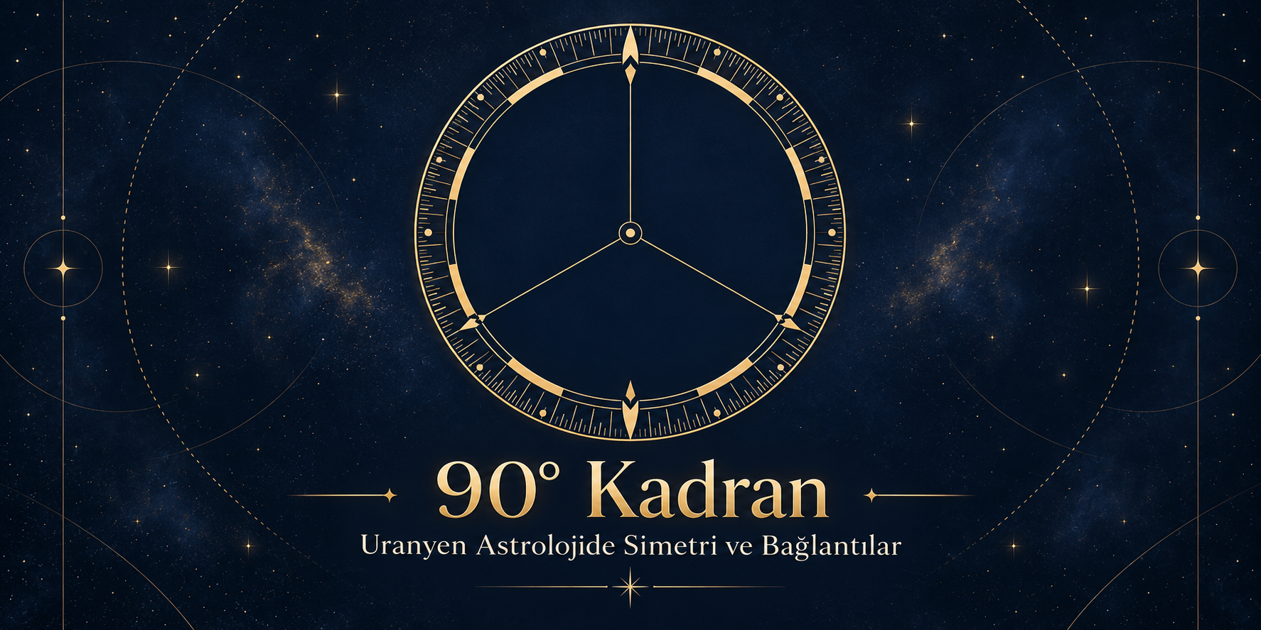Lacivert yıldızlı zemin üzerinde altın renkli dairesel kadran ve 90° Kadran başlığı.