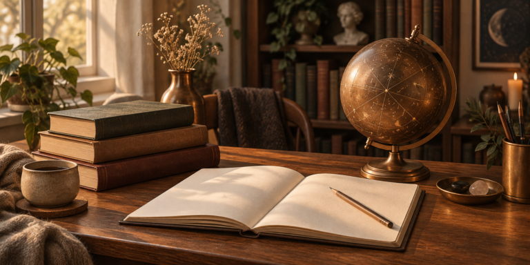 Astroloji öğrenimini temsil eden, kitaplar, açık defter ve küre bulunan sıcak ışıklı çalışma masası.