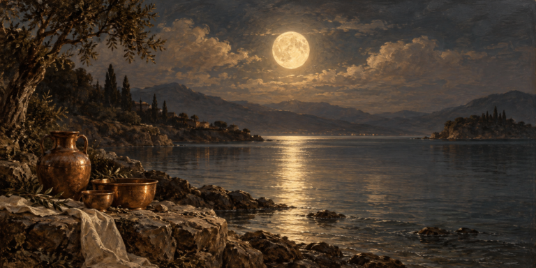Bulutlu gece göğündeki dolunayın kıyı ve sakin deniz üzerindeki altın renkli yansıması.