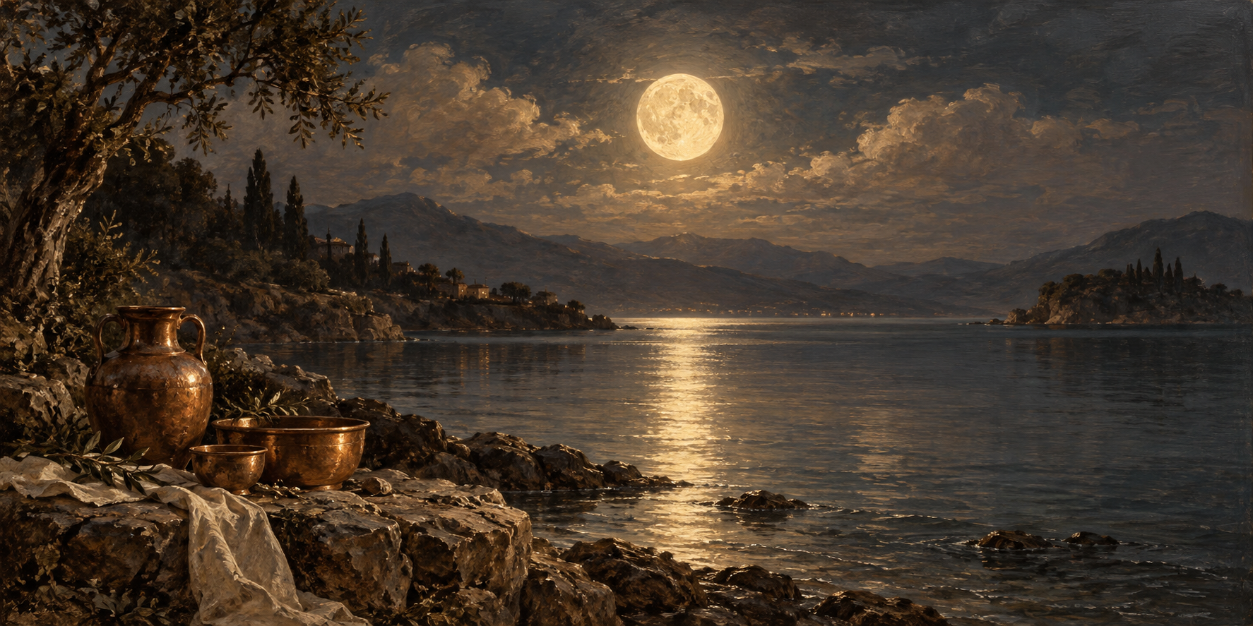 Bulutlu gece göğündeki dolunayın kıyı ve sakin deniz üzerindeki altın renkli yansıması.