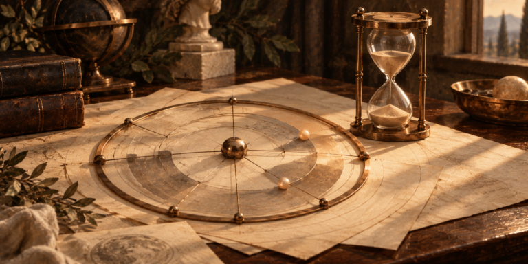 Çalışma masasında dairesel astroloji haritası, ölçüm araçları ve kum saati.