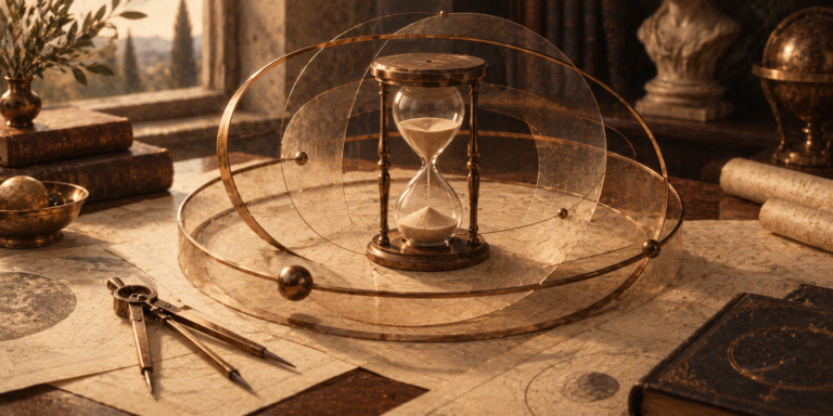 Astrolojik zamanlama tekniklerini çağrıştıran, bakır halkalar arasında duran kum saati ve çalışma kâğıtları.