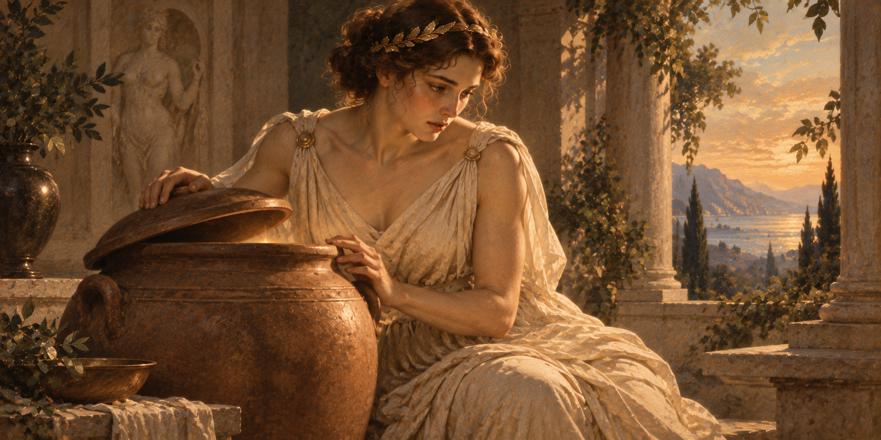 Pandora’yı temsil eden, büyük bir toprak küpün yanında oturan kadın figürünün klasik mitolojik tasviri.