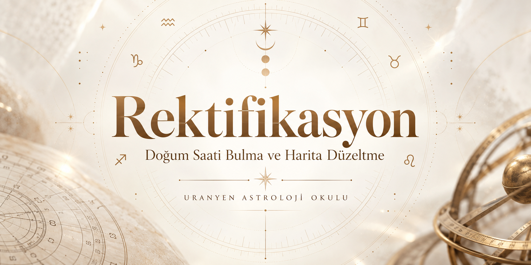 Burç sembolleri ve astrolojik kadranlarla çevrili “Rektifikasyon — Doğum Saati Bulma ve Harita Düzeltme” başlığı.