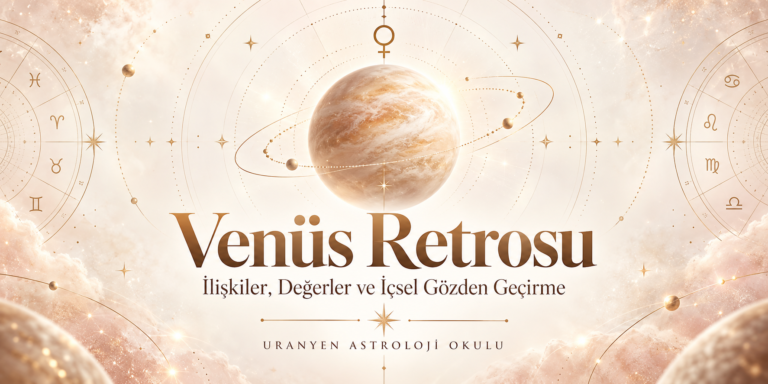 Venüs sembolü ve gezegen illüstrasyonunun altında “Venüs Retrosu” başlığı; çevresinde burç sembolleri ve yörünge çizgileri.