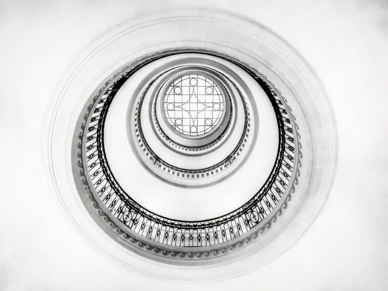 Intricate spiral staircase view from below in London's iconic architecture