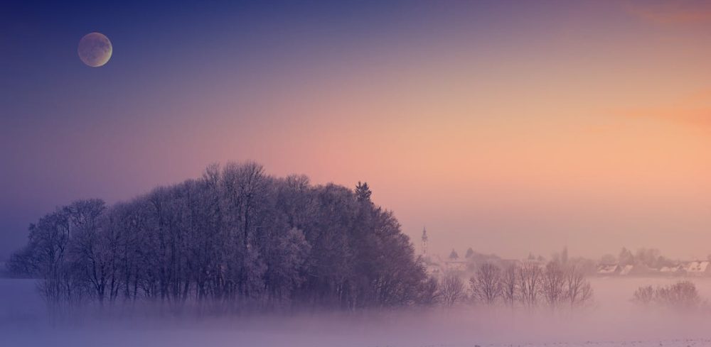 pexels-photo-3095934-3095934 Tranquil winter scene featuring a foggy forest and visible moon at dawn with pastel skies.